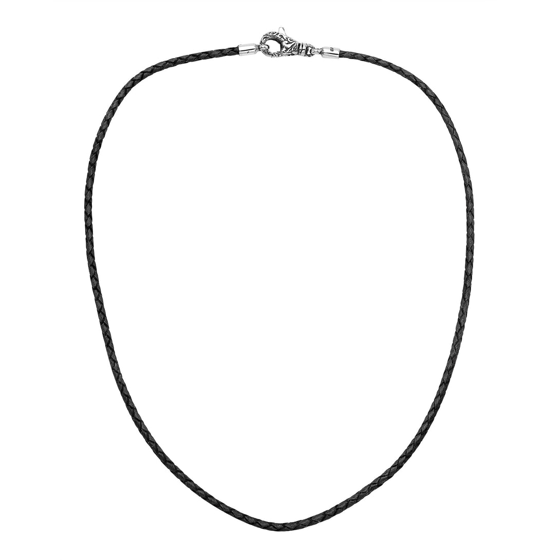 Wholesale black braided leather necklace cord with sterling silver clasp, handcrafted in Bali