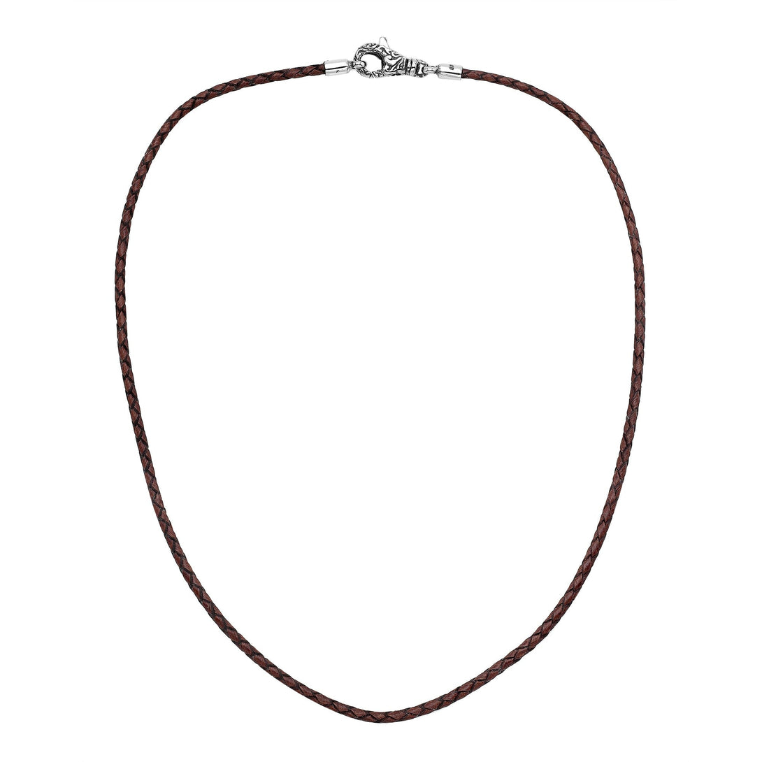 Wholesale brown braided leather necklace cord with sterling silver clasp, handcrafted in Bali