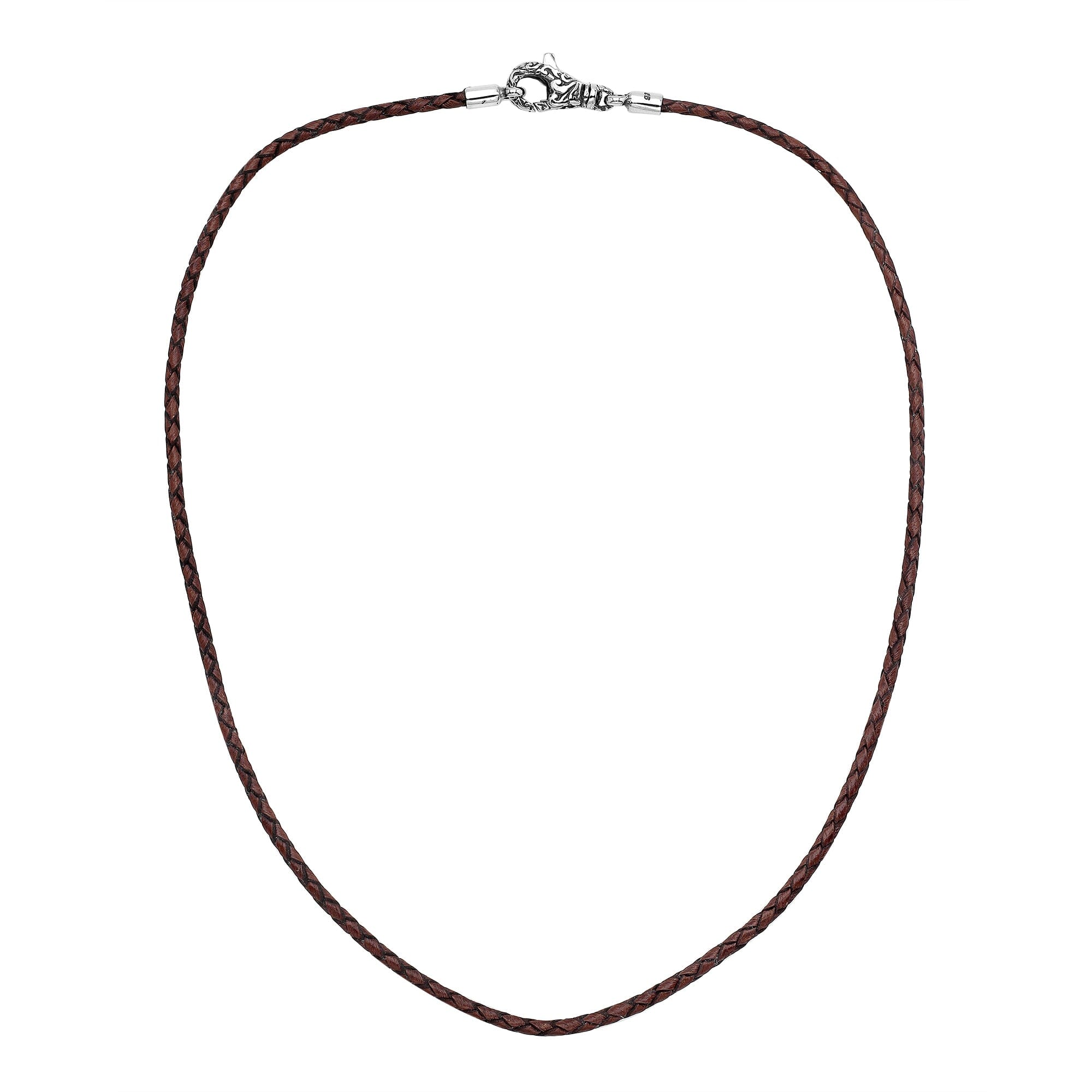 Wholesale brown braided leather necklace cord with sterling silver clasp, handcrafted in Bali