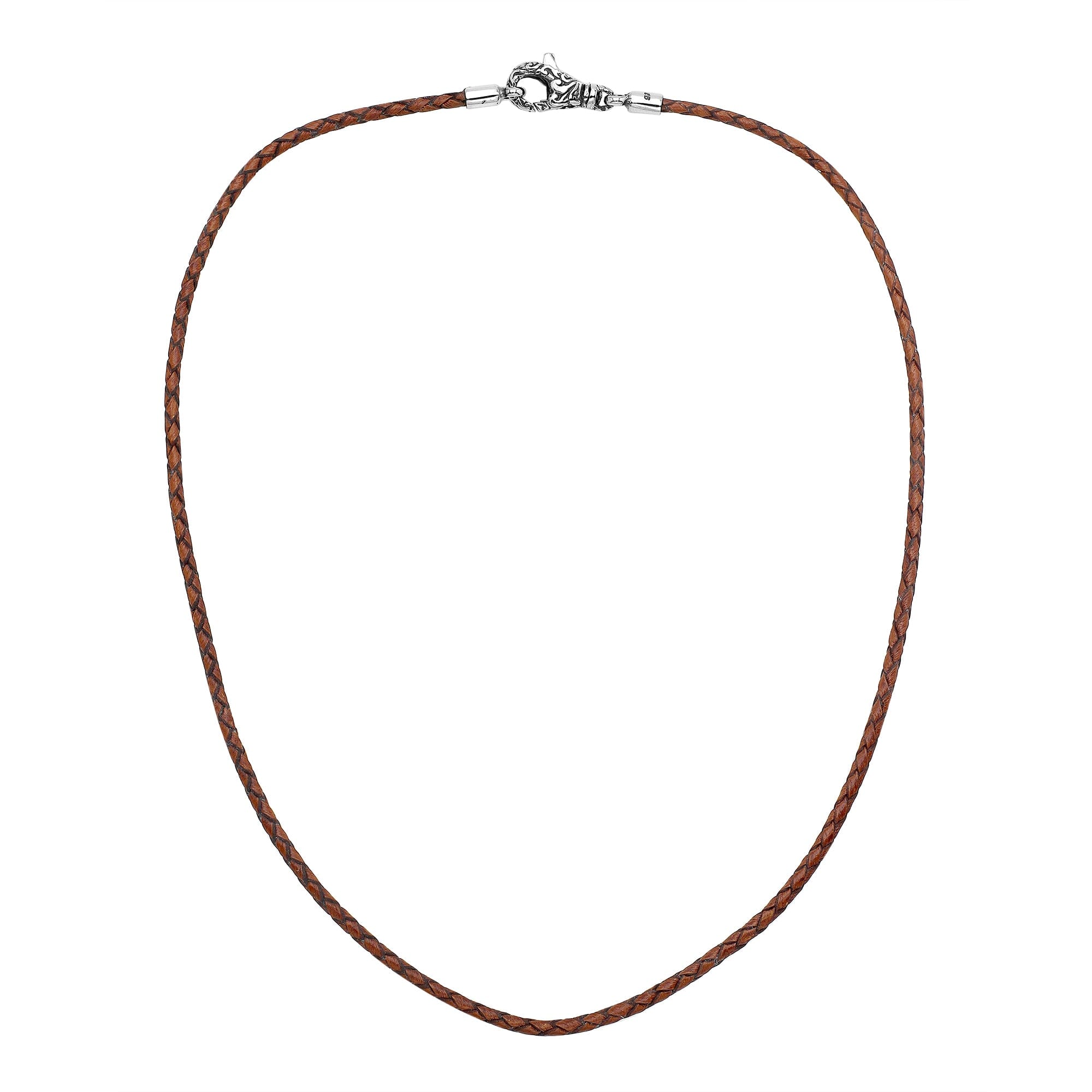 Wholesale cognac brown braided leather necklace cord with sterling silver clasp, handcrafted in Bali
