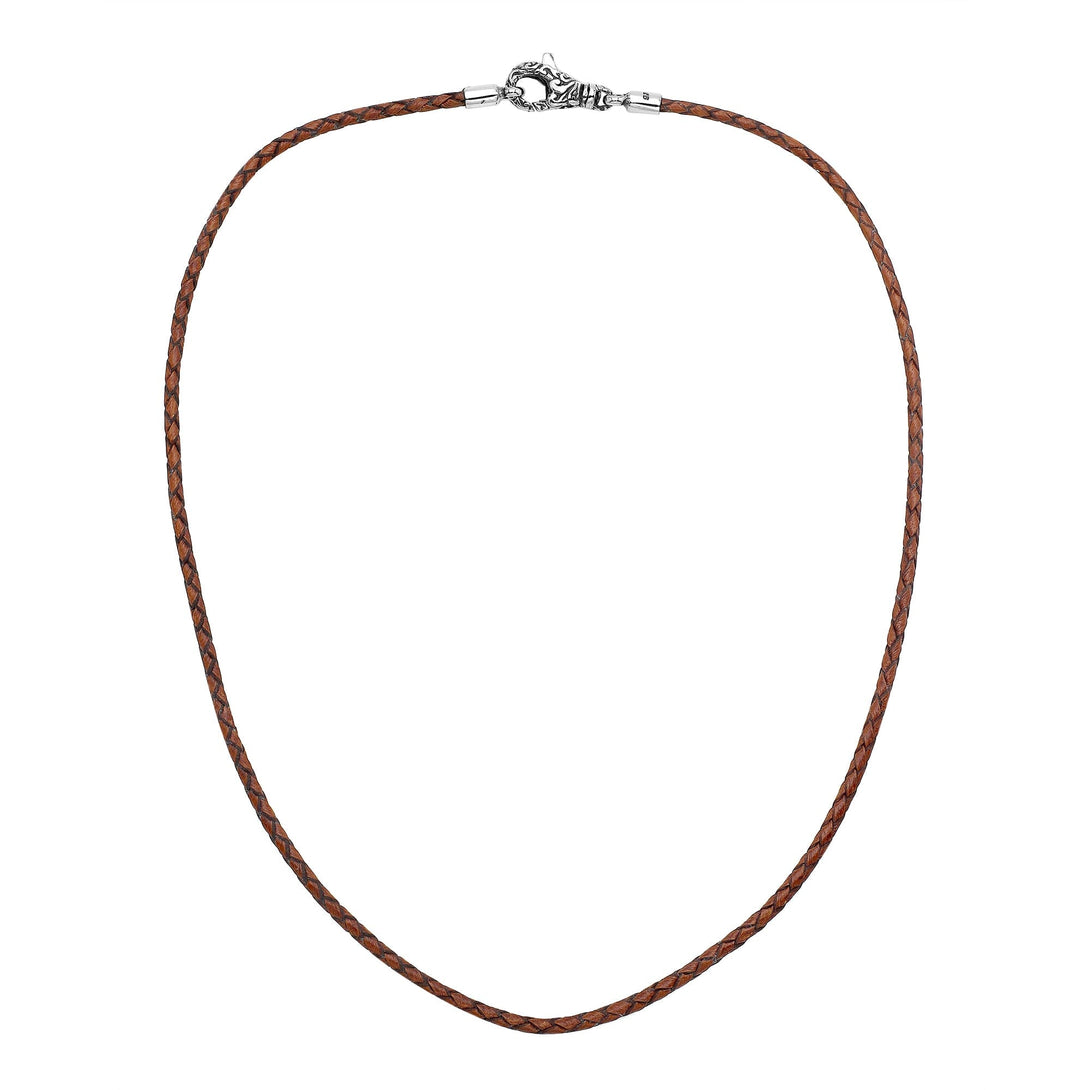 AN-1109-LT-COGNAC-22" Bali Hand Crafted Sterling Silver Neckles With Light Brown Leather Jewelry Bali Designs Inc 