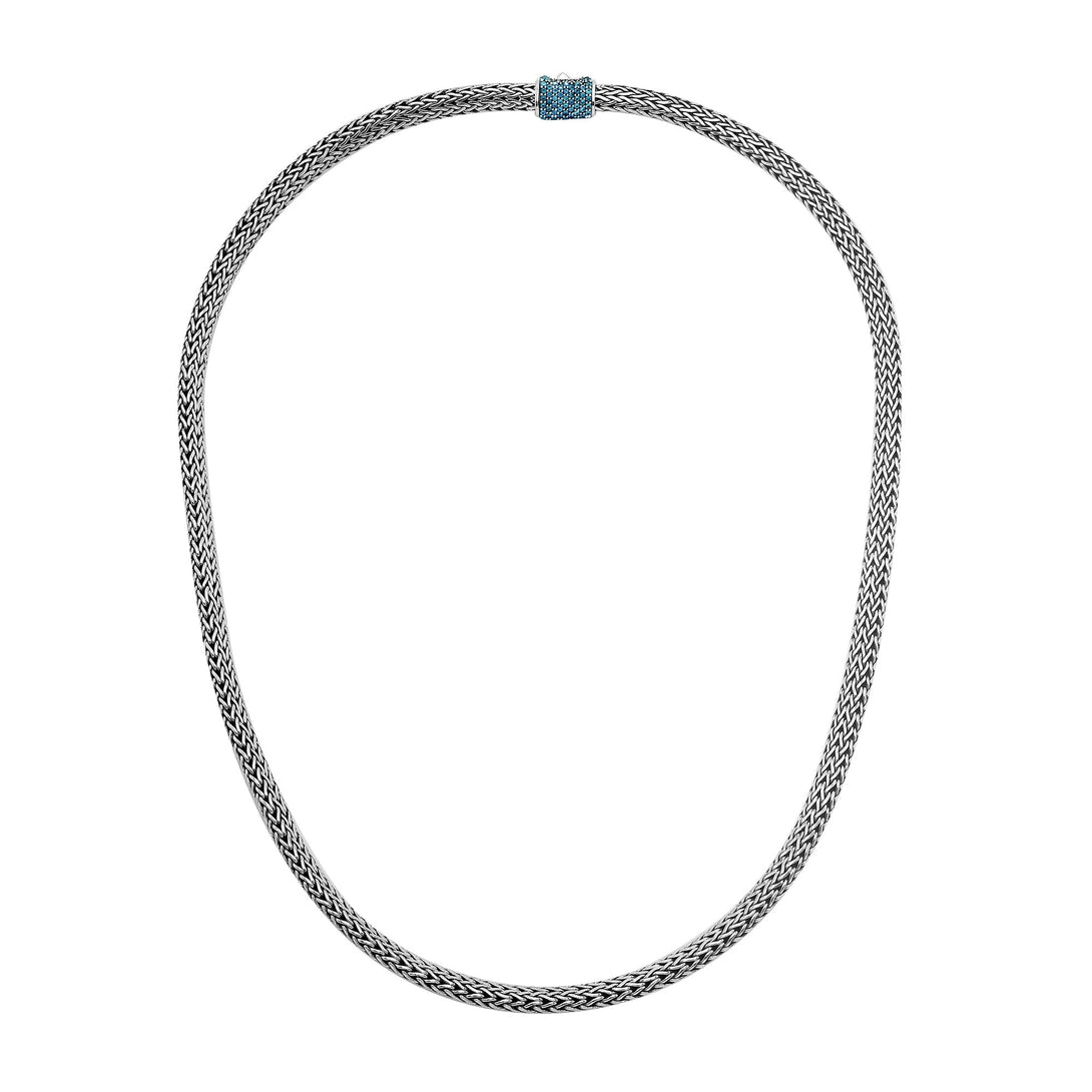 Wholesale sterling silver woven chain necklace with blue topaz quartz accent, handcrafted in Bali