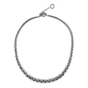 Wholesale sterling silver graduated chain necklace with handwoven design, oxidized-polished finish, and adjustable clasp, handcrafted in Bali.
