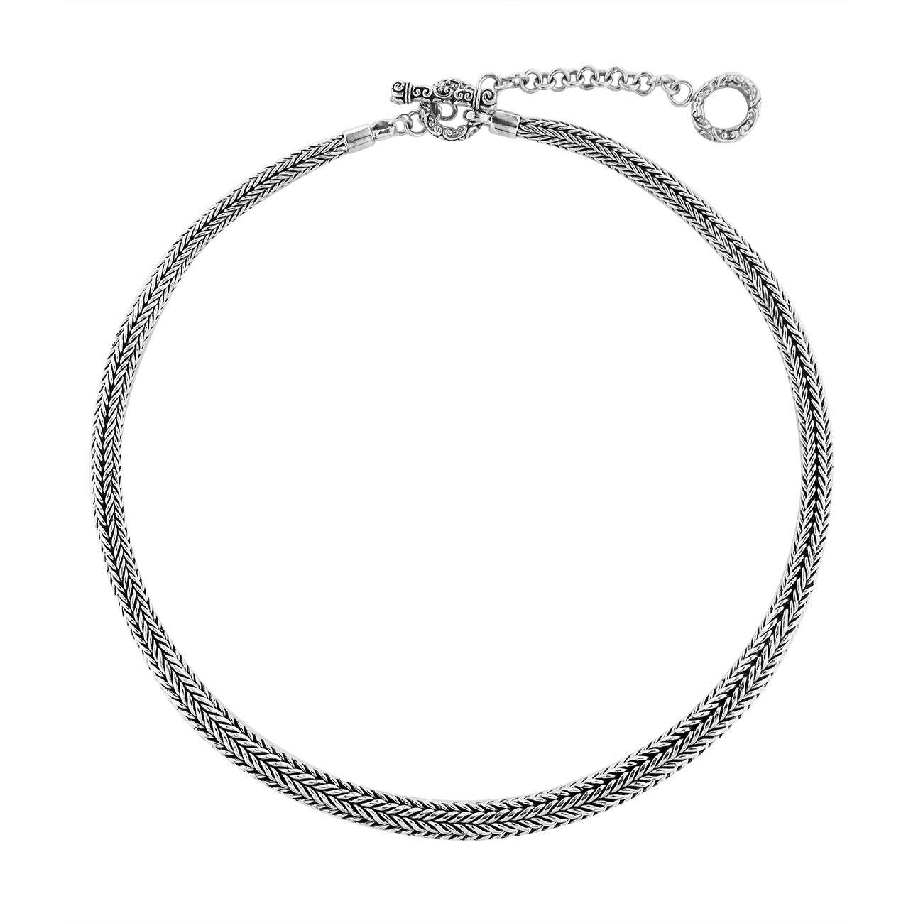 Wholesale sterling silver wheat chain necklace with oxidized-polished finish and artisan clasp, handcrafted in Bali.