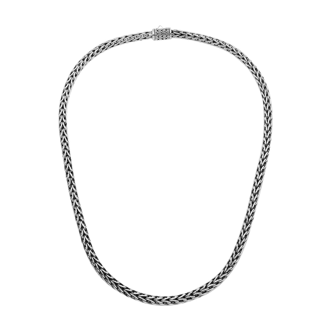 Wholesale sterling silver woven chain necklace with artisan box clasp and oxidized-polished finish, handcrafted in Bali.