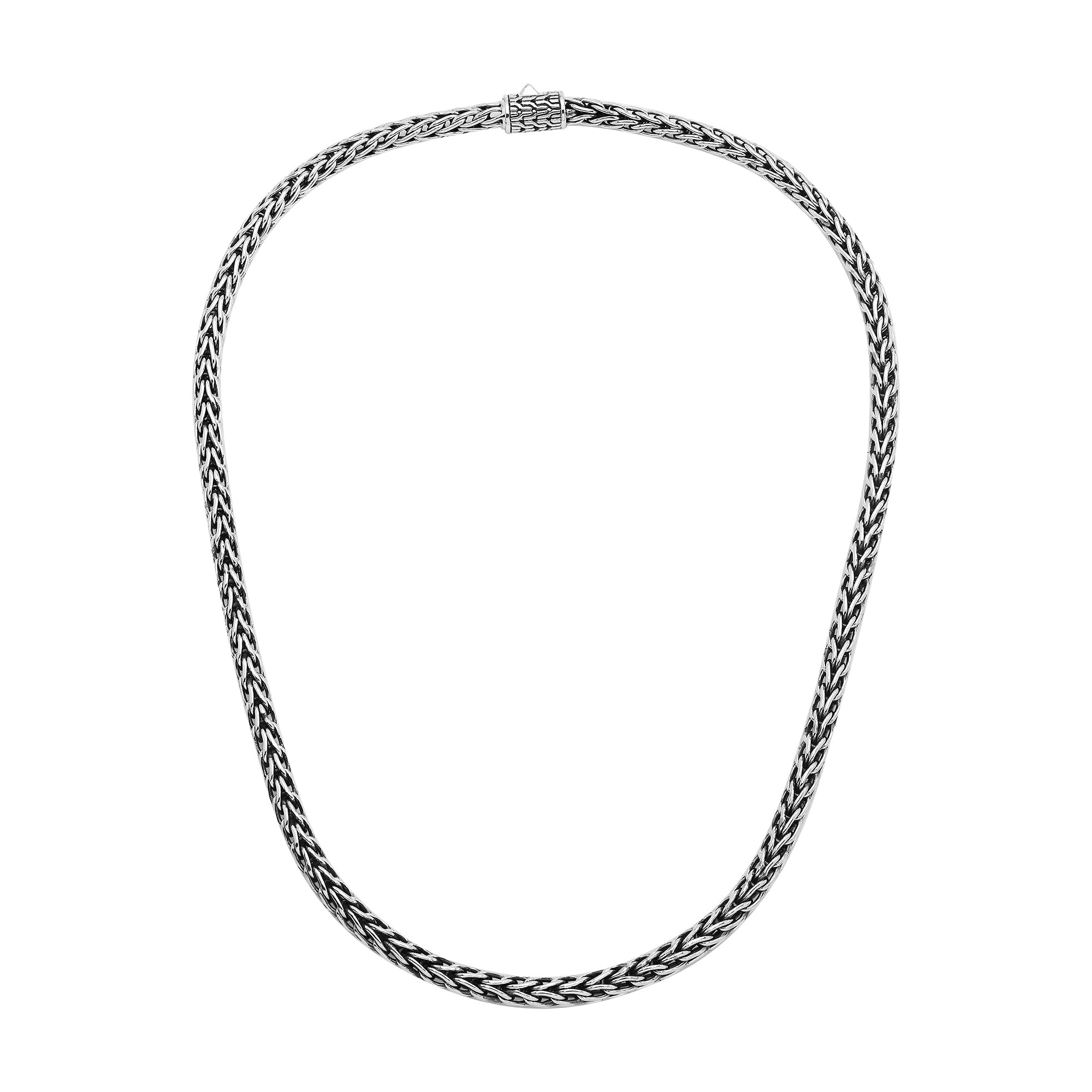 Wholesale sterling silver woven chain necklace with artisan box clasp and oxidized-polished finish, handcrafted in Bali.