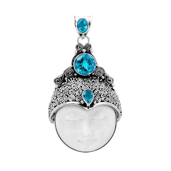 AP-1000-CO4 Sterling Silver Pendant With Bone Face & Blue Topaz Q. Jewelry Bali Designs Inc 