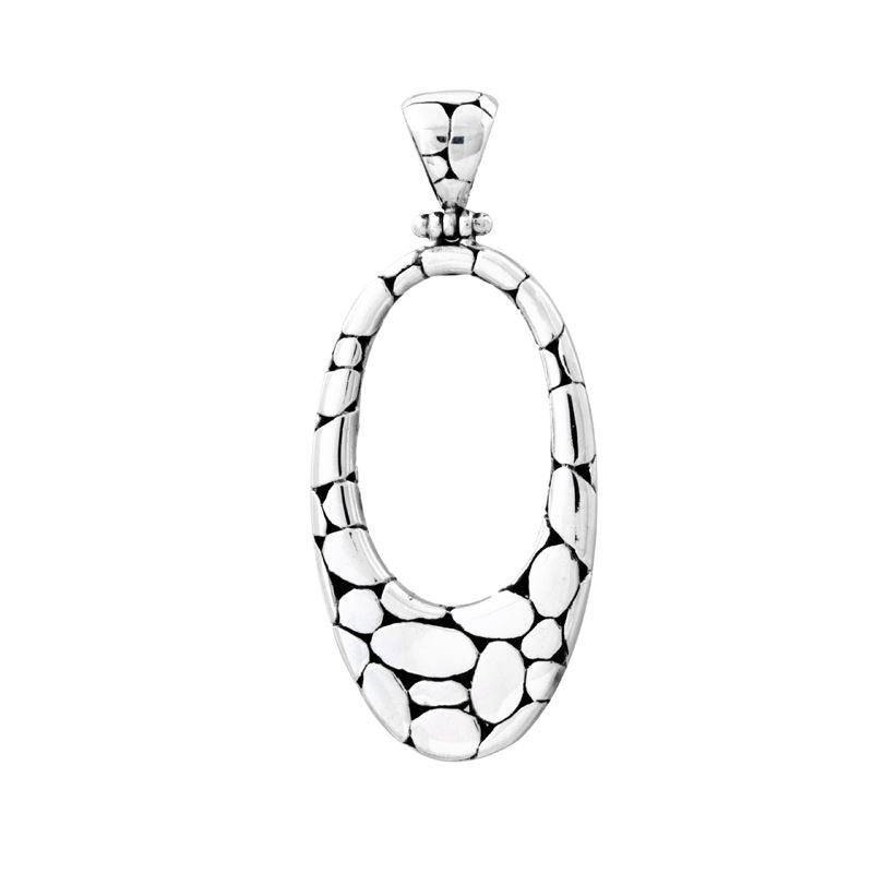 Sterling silver oval pendant with pebble texture, handcrafted Bali jewelry available for wholesale purchase.