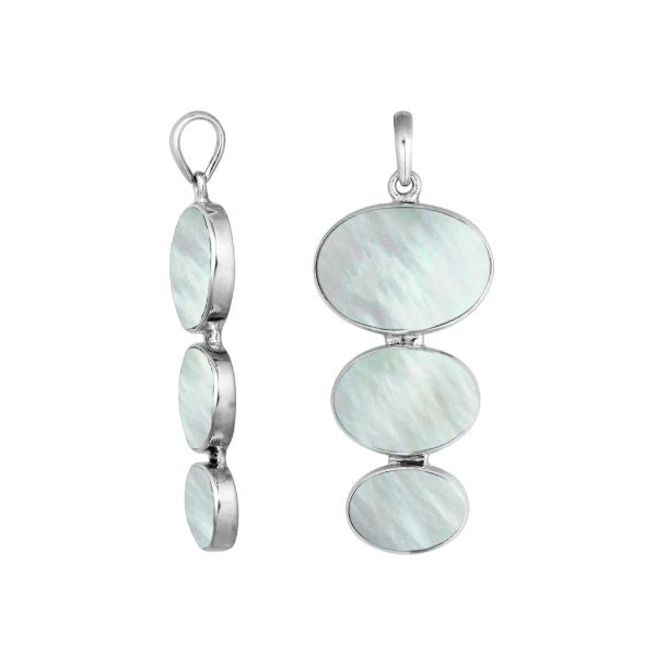 Sterling silver triple oval Mother of Pearl pendant, handcrafted Bali jewelry available for wholesale purchase. 
