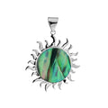 Sterling silver sun pendant with round Abalone Shell centerpiece, handcrafted Bali jewelry available for wholesale purchase.