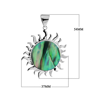 Sterling silver sun pendant with round Abalone Shell centerpiece, handcrafted Bali jewelry available for wholesale purchase.