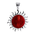 Sterling silver sun pendant with round Red Coral centerpiece, handcrafted Bali jewelry available for wholesale purchase.