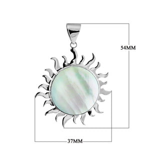 Sterling silver sun pendant with round Mother of Pearl centerpiece, handcrafted Bali jewelry available for wholesale purchase.