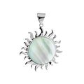 Sterling silver sun pendant with round Mother of Pearl centerpiece, handcrafted Bali jewelry available for wholesale purchase.