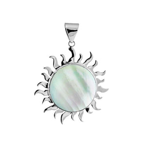 Sterling silver sun pendant with round Mother of Pearl centerpiece, handcrafted Bali jewelry available for wholesale purchase.
