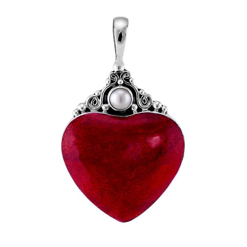 AP-1025-CR Sterling Silver Heart Shape Pendant with Coral And Round Mother Of Pearl Jewelry Bali Designs Inc 