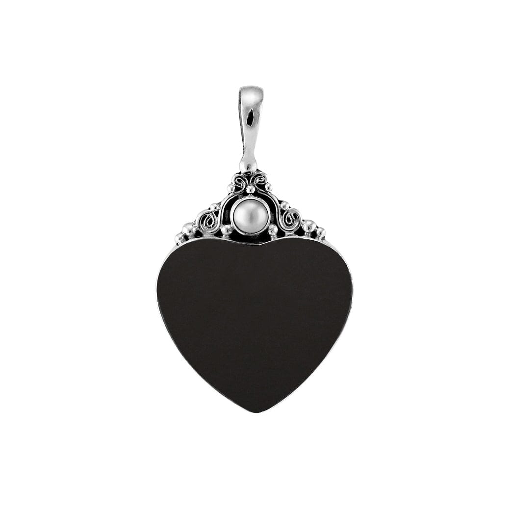 Sterling silver heart pendant with black shell and round Mother of Pearl accent, handcrafted Bali jewelry available for wholesale purchase.