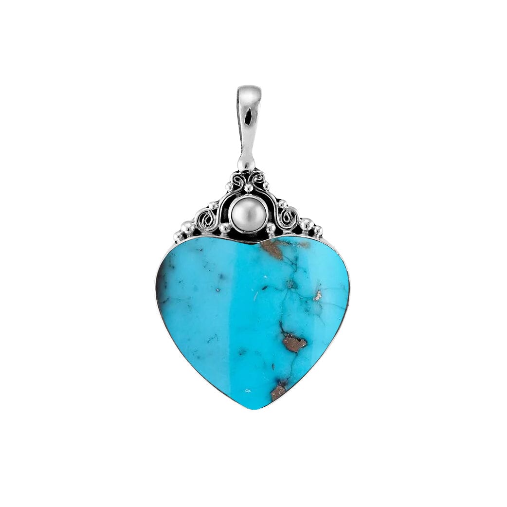 Sterling silver heart pendant with turquoise gemstone and round Mother of Pearl accent, handcrafted Bali jewelry available for wholesale purchase.