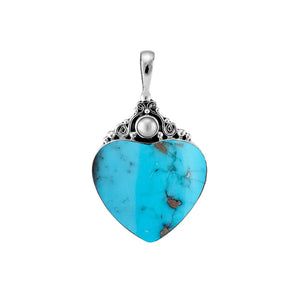 Sterling silver heart pendant with turquoise gemstone and round Mother of Pearl accent, handcrafted Bali jewelry available for wholesale purchase.
