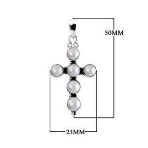 Sterling silver cross pendant with luminous freshwater pearls, handcrafted Bali jewelry available for wholesale purchase.