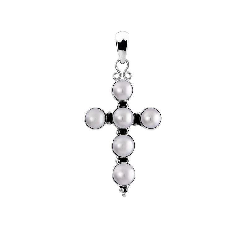 AP-1028-PE Sterling Silver Blessing of god Divine Cross Shape Pendant With Fresh Water Pearl Jewelry Bali Designs Inc 