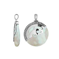 Sterling silver round pendant with luminous Mother of Pearl inlay and artistic silver overlay design, handcrafted Bali jewelry available for wholesale purchase.