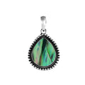 Sterling silver pear-shaped pendant with vibrant abalone shell centerpiece and granulated rope design, handcrafted Bali jewelry available for wholesale purchase.