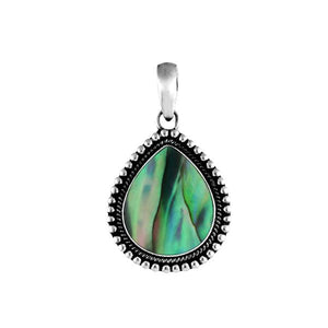 Sterling silver pear-shaped pendant with vibrant abalone shell centerpiece and granulated rope design, handcrafted Bali jewelry available for wholesale purchase.