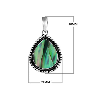 Sterling silver pear-shaped pendant with vibrant abalone shell centerpiece and granulated rope design, handcrafted Bali jewelry available for wholesale purchase. 