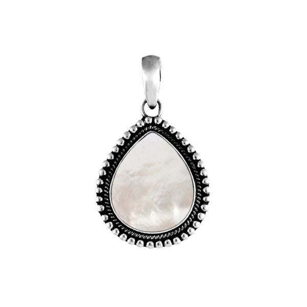 AP-1032-MOP Sterling Silver Beautiful Pear Shaped Pendant With Mother of Pearl Covered by Designer Granulated Rope Jewelry Bali Designs Inc 
