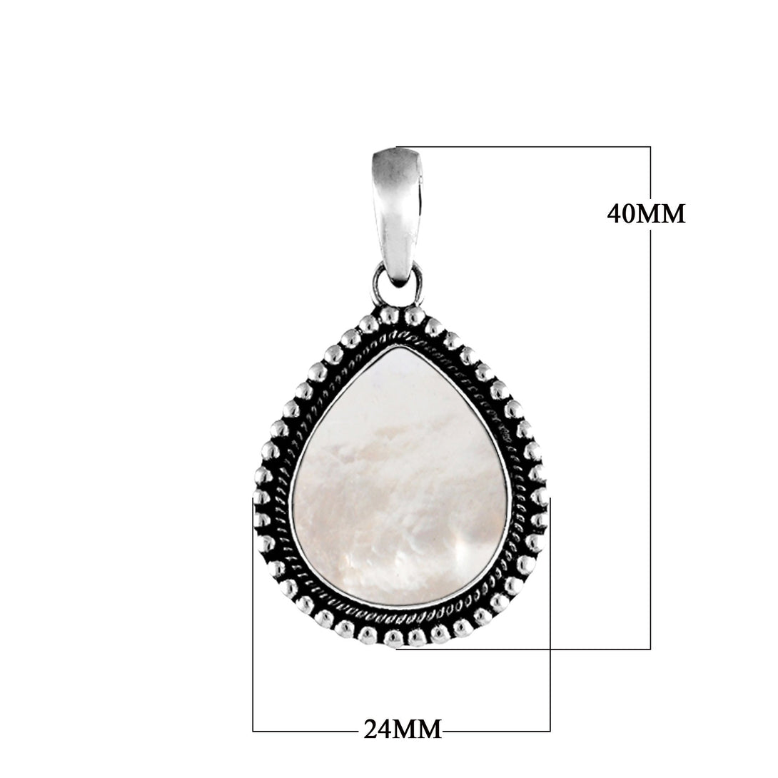 AP-1032-MOP Sterling Silver Beautiful Pear Shaped Pendant With Mother of Pearl Covered by Designer Granulated Rope Jewelry Bali Designs Inc 