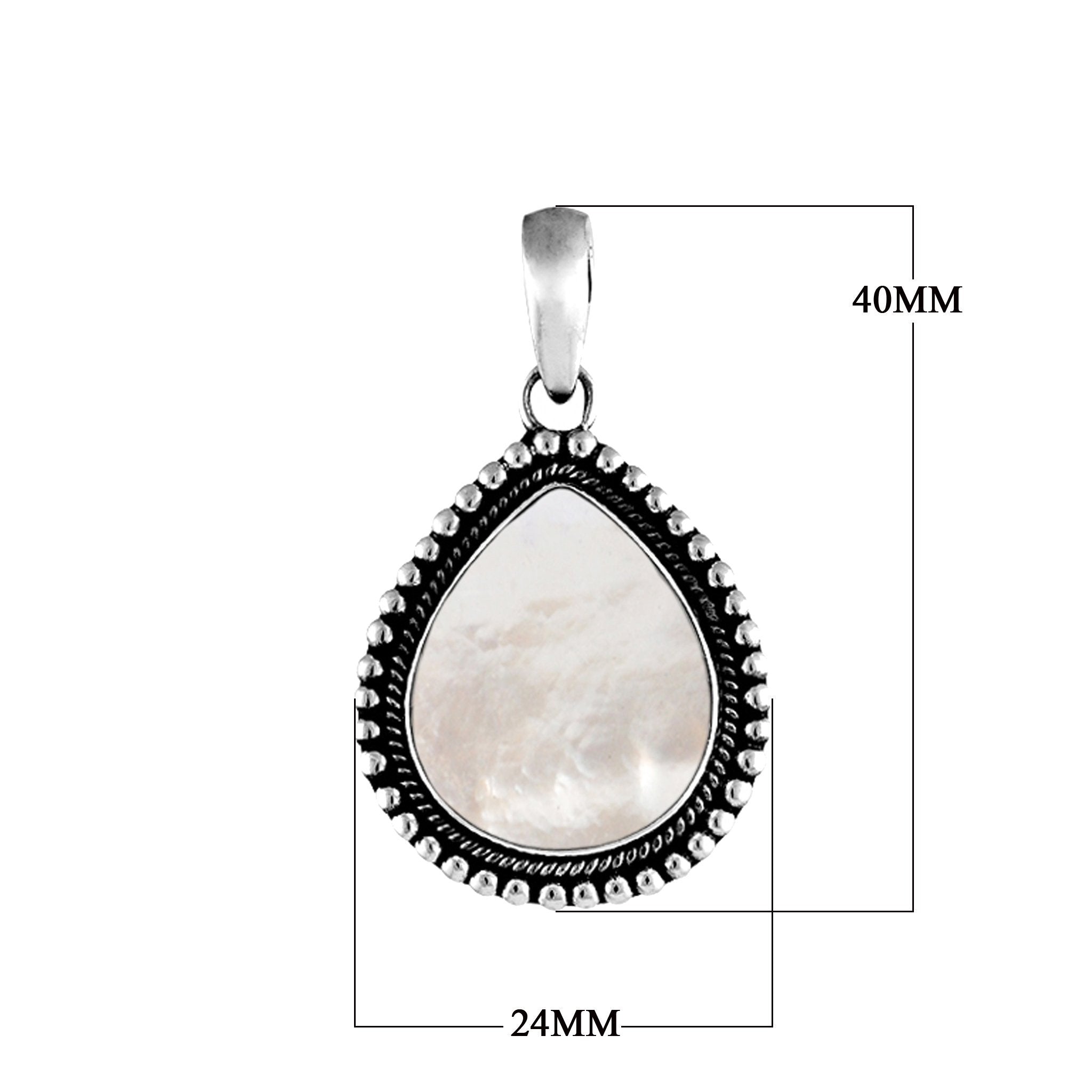"Wholesale sterling silver pear-shaped pendant with mother of pearl and granulated rope border, handcrafted Bali jewelry in bulk."