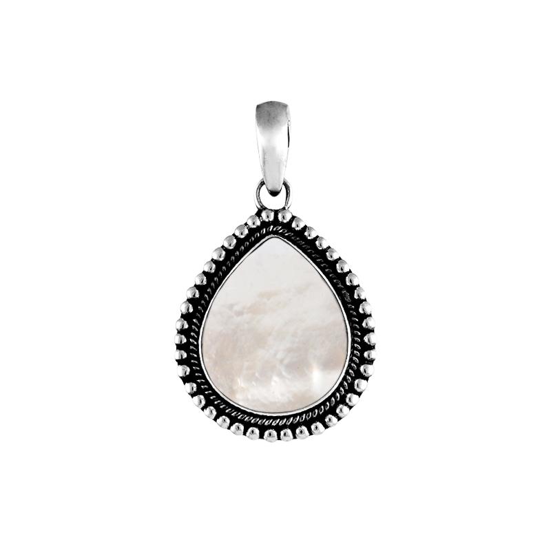 AP-1032-SH Sterling Silver Beautiful Pear Shaped Pendant With Shell Covered by Designer Granulated Rope Jewelry Bali Designs Inc 