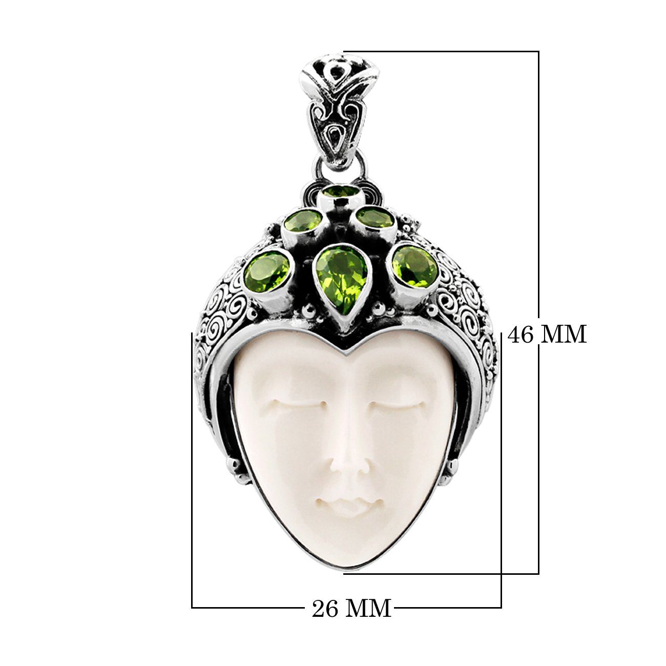 Wholesale sterling silver pendant with hand-carved bone face and peridot gemstones, Bali artisan jewelry in bulk.