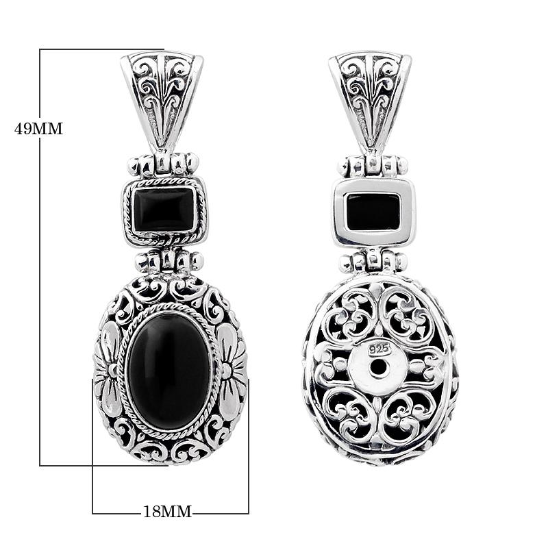 Wholesale sterling silver Black Onyx pendant with oval and square gemstones, handcrafted Bali filigree design and oxidized finish, artisan jewelry for bulk orders.