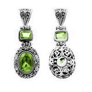 Wholesale sterling silver Peridot pendant with oval and square gemstones, handcrafted Bali filigree design and oxidized finish, artisan jewelry for bulk orders.