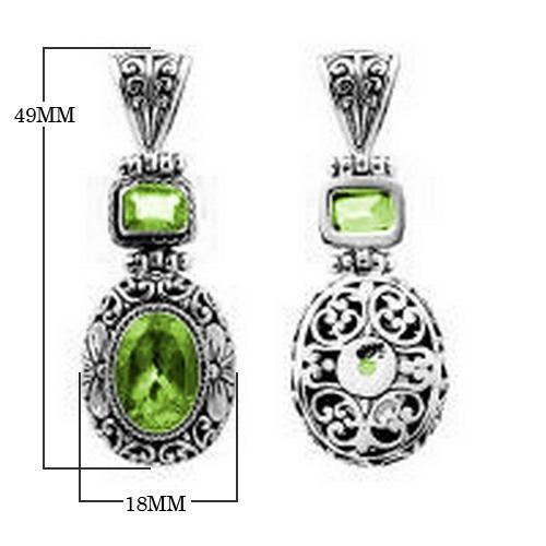 Wholesale sterling silver Peridot pendant with oval and square gemstones, handcrafted Bali filigree design and oxidized finish, artisan jewelry for bulk orders.
