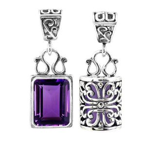Wholesale sterling silver rectangular Amethyst pendant with faceted gemstone, handcrafted Bali silverwork and oxidized detailing, artisan jewelry for bulk orders.