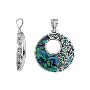 Wholesale sterling silver round Abalone shell pendant with cut-out design, Bali-inspired vine silverwork and oxidized detailing, handcrafted artisan jewelry for bulk orders.