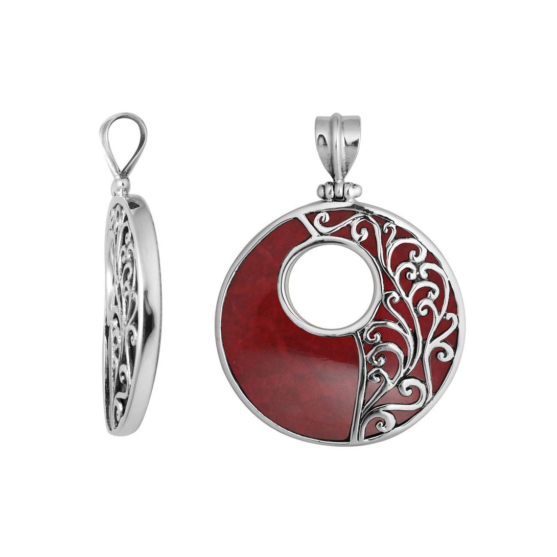 AP-1042-CR Sterling Silver Delightful charming Round Designer Pendant with Coral Jewelry Bali Designs Inc 