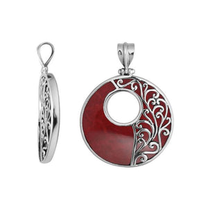 Wholesale sterling silver round Coral Shell pendant with deep red inlay, cut-out design, and Bali-inspired vine silverwork with oxidized detailing, handcrafted artisan jewelry for bulk orders.