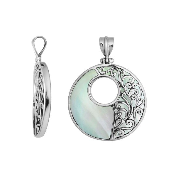 AP-1042-MOP Sterling Silver Delightful charming Round Designer Pendant with Mother Of Pearl Jewelry Bali Designs Inc 