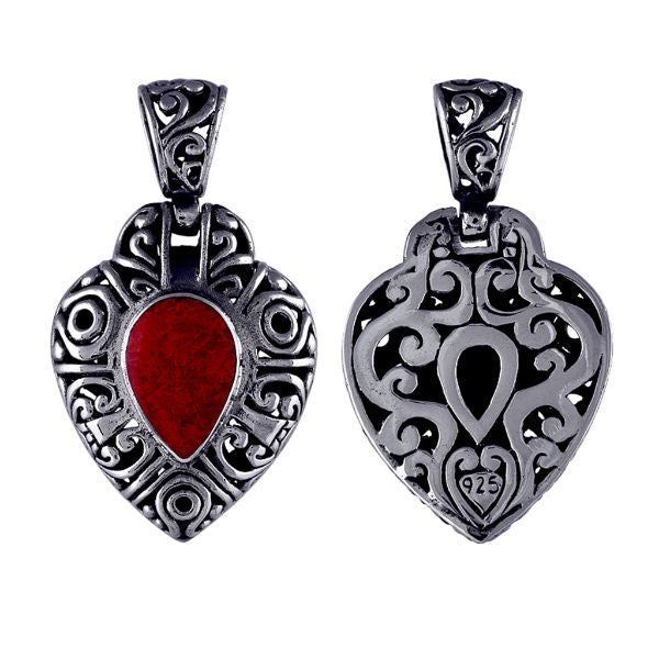 AP-1043-CR Sterling Silver Heart Shape Pendant With Pears Shape Coral Jewelry Bali Designs Inc 
