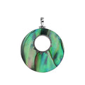 Wholesale sterling silver round Abalone shell pendant with iridescent blue-green inlay, center cut-out design, and oxidized dot detailing, handcrafted Bali artisan jewelry for bulk orders.