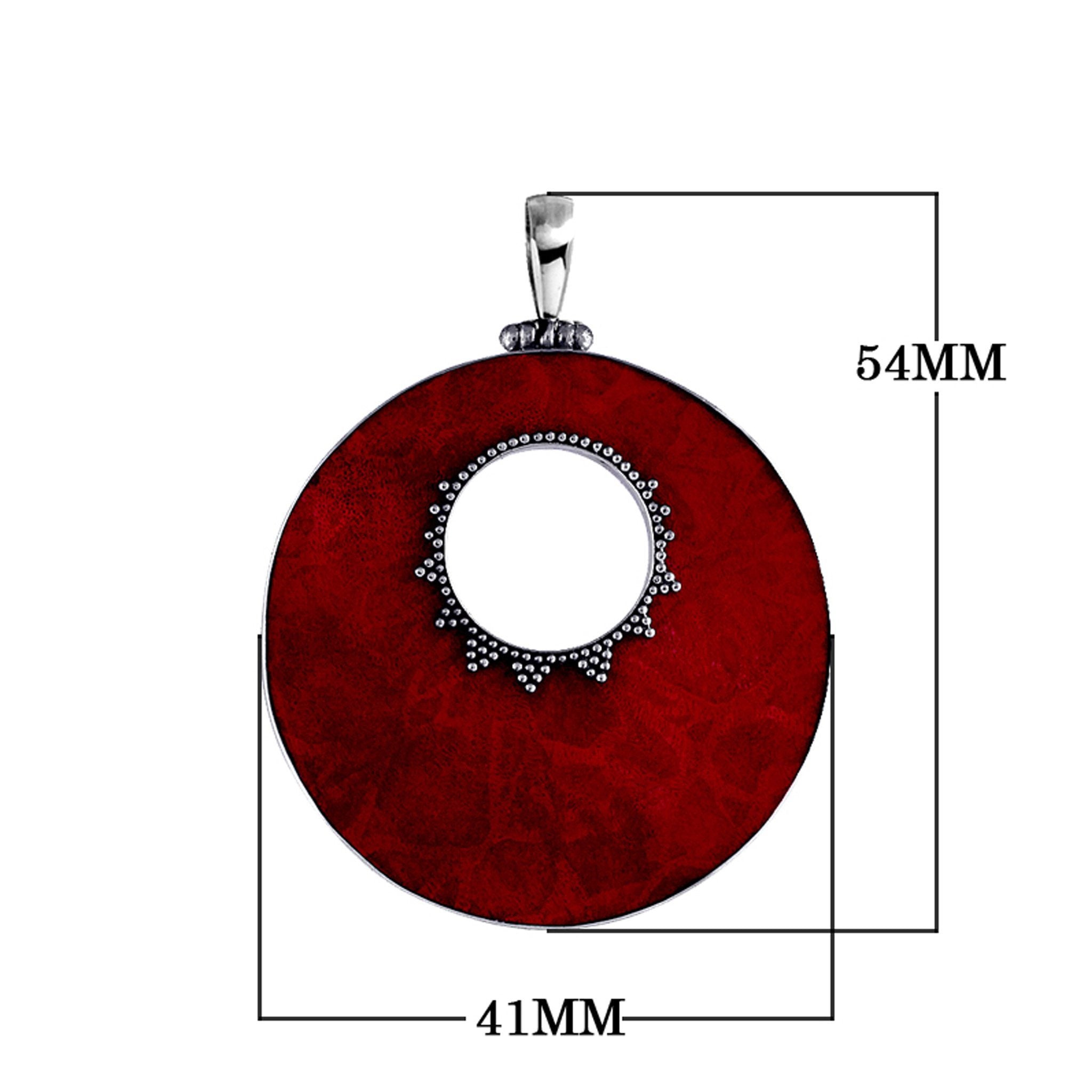 Wholesale sterling silver round Red Coral pendant with center cut-out and Bali beaded detailing, handcrafted artisan gemstone jewelry for bulk orders.
