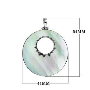Wholesale sterling silver round Mother of Pearl pendant with center cut-out and Bali beaded detailing, handcrafted artisan gemstone jewelry for bulk orders.