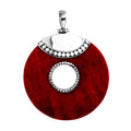 Wholesale sterling silver round Red Coral pendant with center cut-out, Bali beaded detailing, and polished silver top, handcrafted artisan gemstone jewelry for bulk orders.