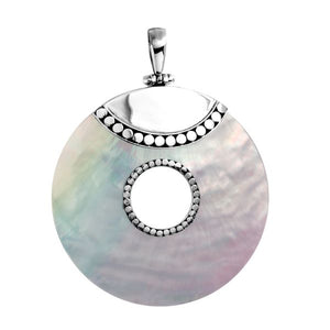 Wholesale sterling silver round pendant with white shell inlay, center cut-out, and dotted silver accents – handcrafted Bali jewelry