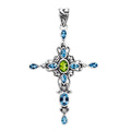 Wholesale sterling silver cross pendant with genuine peridot center stone and blue topaz accents, handcrafted Bali jewelry with ornate detailing for bulk orders.