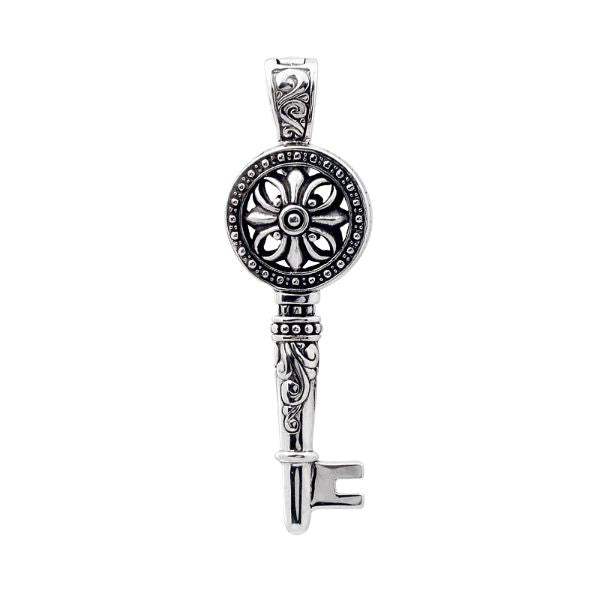 Wholesale sterling silver key pendant with Bali floral design, handcrafted 925 silver jewelry for bulk orders